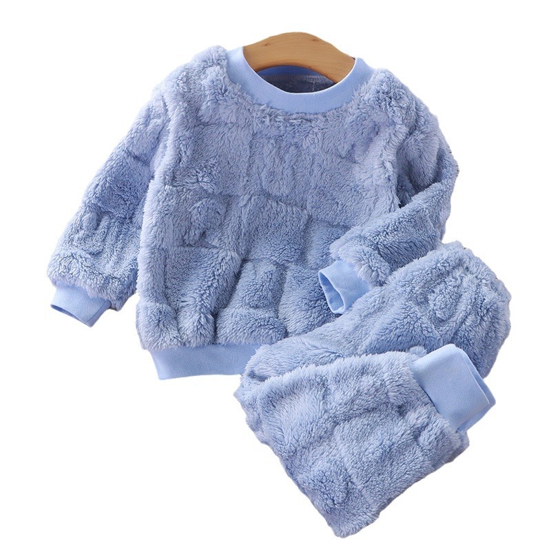 Children's Autumn and Winter Flannel Pajamas Set Korean Style Boys' Velvet Thickeneded Home Clothes Girls' Thermal Intimates Set