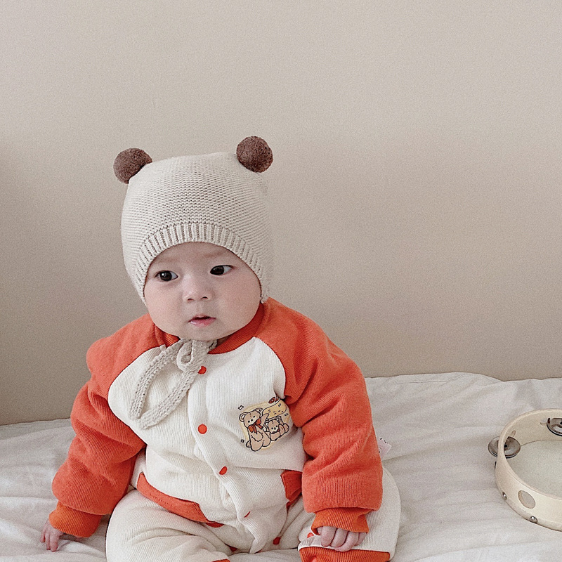 ins Autumn and Winter Korean Baby Cute Ball Knitted Hat for Boys and Girls Baby Ear Protection Lace-up Wool Warm Hat