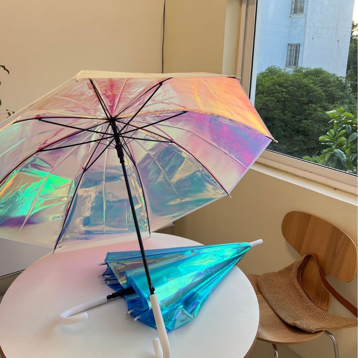 Aurora Laser Phantom Long-Handled Umbrella Automatic Rain or Shine Women's Large Ins High-Value Pure Color Transparent Umbrella