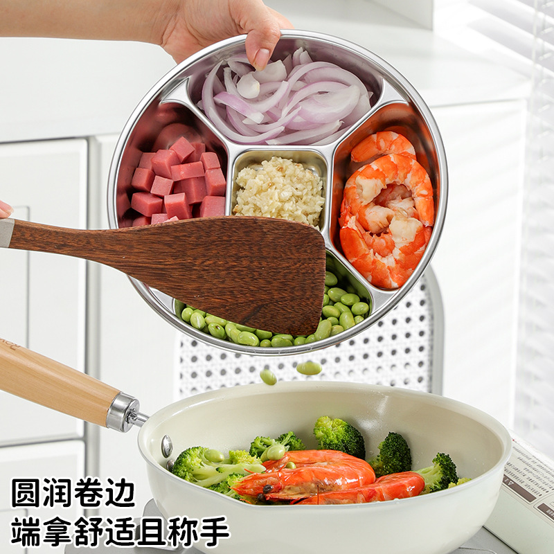 New 304 Stainless Steel Side Dish Divider Plate Kitchen Cooking Onion Ginger Garlic Preparation Plate Divided Seasoning Plate Five Compartments