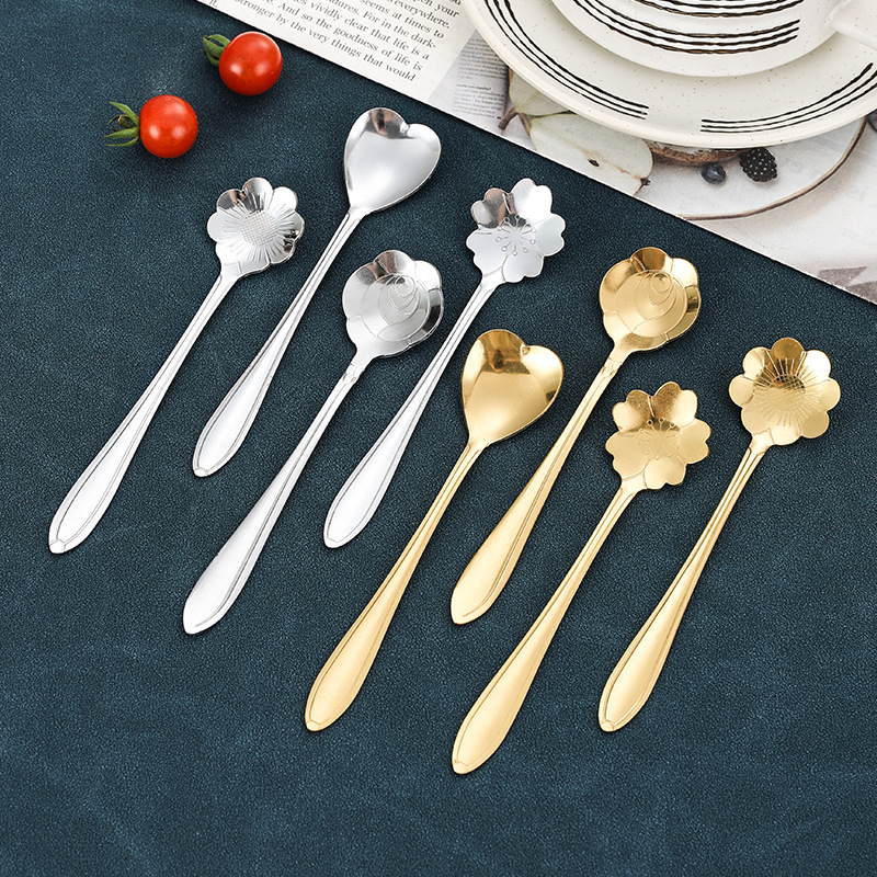 Stainless Steel Coffee Spoon Wholesale High-Looking Cherry Blossom Spoon Household Stirring Spoon Golden Dessert Spoon Bird's Nest Gift Spoon