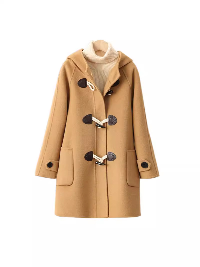 New Korean Style Kidsren's Double-Sided Horn-Button Woolen Outwear for Boys and Girls, Mid-Length Hooded Outwear