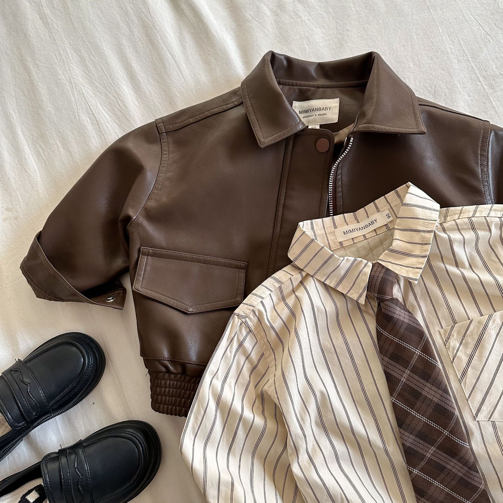 Children's Outwear 2024 Squinting Spring New Product Pure Color Lapel Leather Jacket for Boys and Girls Baby Short Outwear Trendy