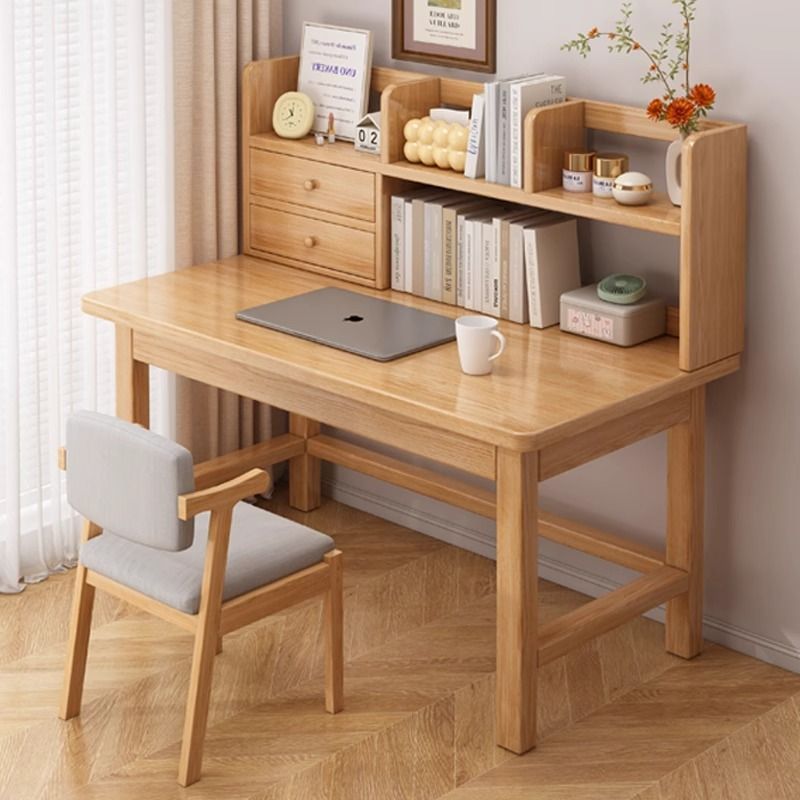 Solid Wood Desk, All Solid Wood Home Student Study Table, Simple Bookshelf Integrated Table, Small Apartment Wall Desk