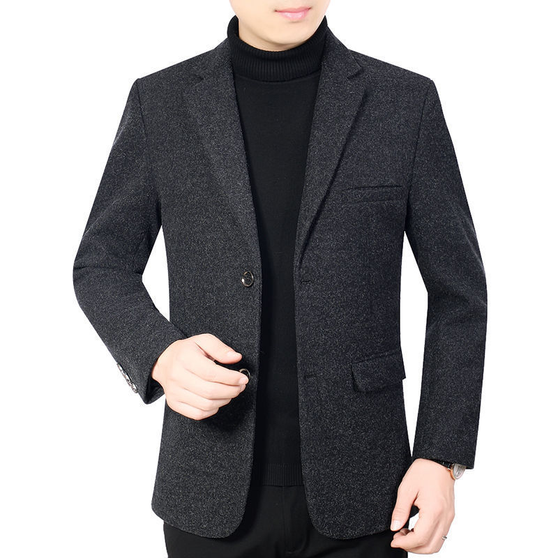 Autumn and Winter Woolen Suit Jacket for Men, Short Slim Fit, Middle-Aged Woolen Casual Jacket for Dad, Solid Color Casual