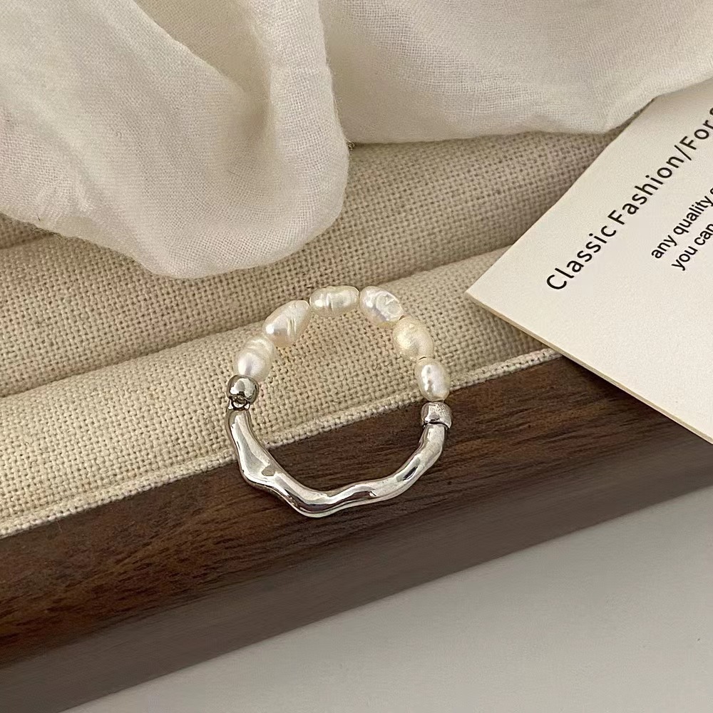 Freshwater Pearl Ring French Niche Minimalist Style Adjustable Size Elastic Cord Quality Light Luxury High-End Feel
