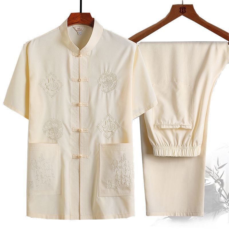 Костюм Тан для мужчин, летний, короткий рукав, для мужчин среднего и пожилого возраста, китайский стиль, халат Ханьфу, большой размер, рубашка