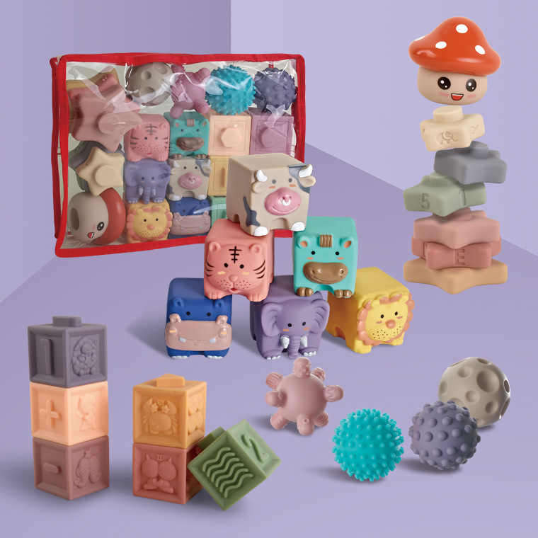 Cross-border Amazon Hot Selling Baby Soft Rubber Building Blocks Toys Stackle Handball Set Cartoon Animal Toys