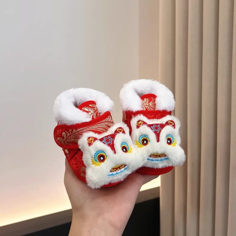 24 new baby's new year tiger head shoes and socks winter 0-12 months plus velvet warm baby red festive cotton shoes