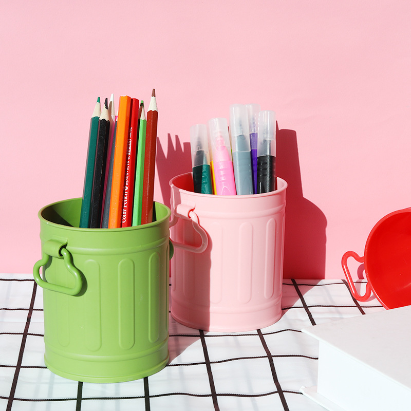 Plastic Pen Holder Ins Cute Funny Creative American Retro Small Bucket Desktop Office Stationery Student Makeup Brush
