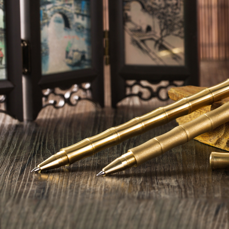 Vintage Brass Bamboo Gel Pen Handmade Bronze Bead Sign Pen Business Gift Writing for Students