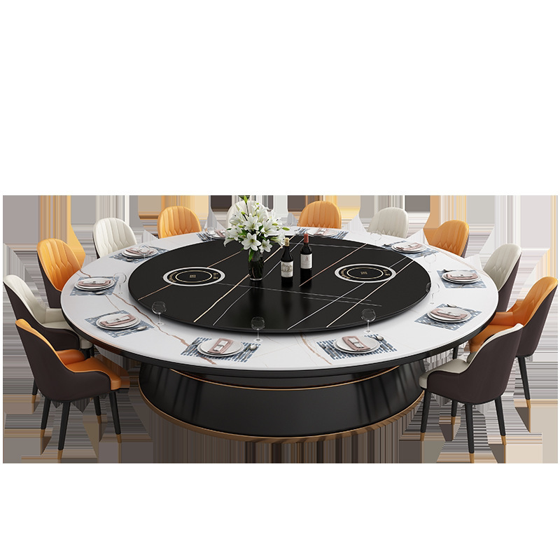 Slate Large Round Table Hot Pot Restaurant Table Hotel Commercial Electric Turntable Modern Simple Private Dining Table Restaurant Table and Chairs