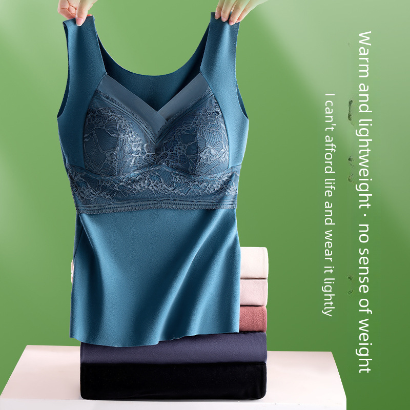 Autumn and winter double-sided sanding lace velvet thermal vest women's fixed Cup base thickened heat seamless thermal underwear