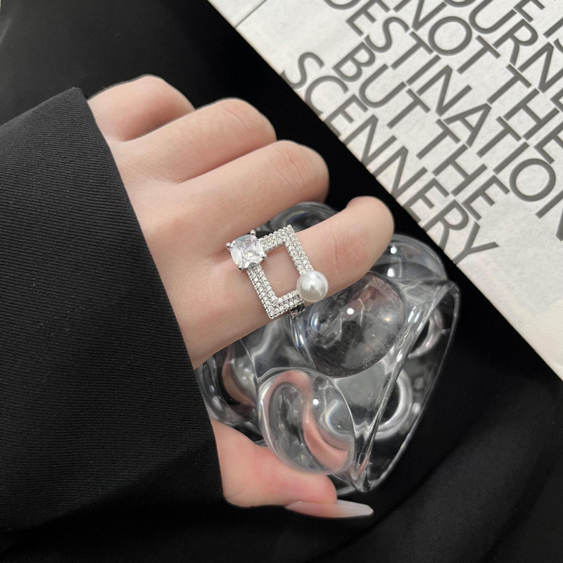 New Unique Personalized Design Accessible Luxury Geometric Pearl Inlaid Diamond Zircon Ins Cool Style High-End Open Ring