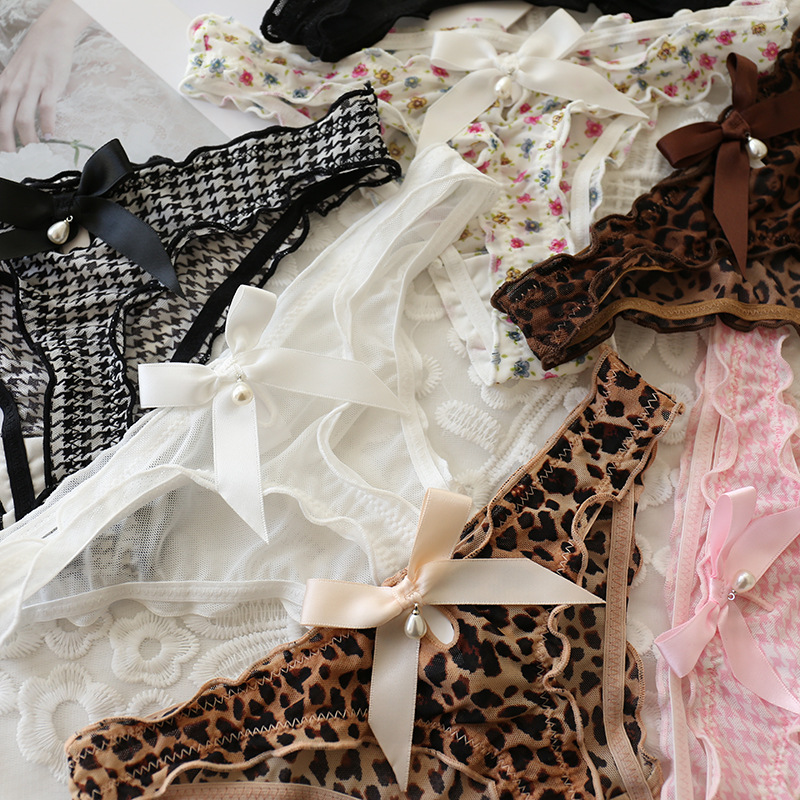 Сетчатые жемчужные стринги для девочек милые с вырезом бантом низкая талия сексуальные сладкие леопардовые трусики