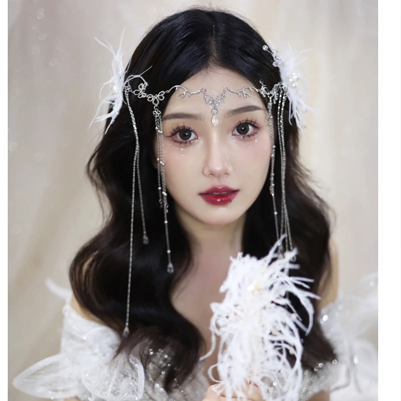 Vintage Water Drop Tassel Hairpin with Face Curtain and Forehead Decoration for Hanfu Traditional Style Hair Accessories