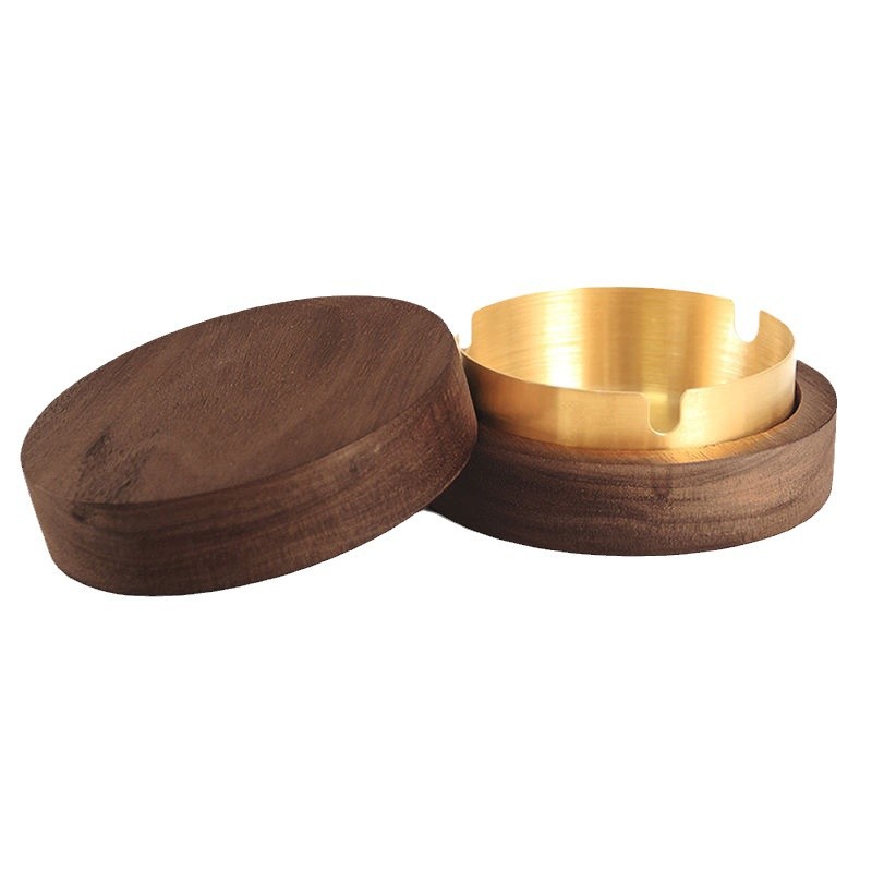 Creative Ashtray with Cover, Anti-Fly Ash, Solid Wood, Stainless Steel, Home Living Room, Bedroom, Office, High-Grade Black Walnut