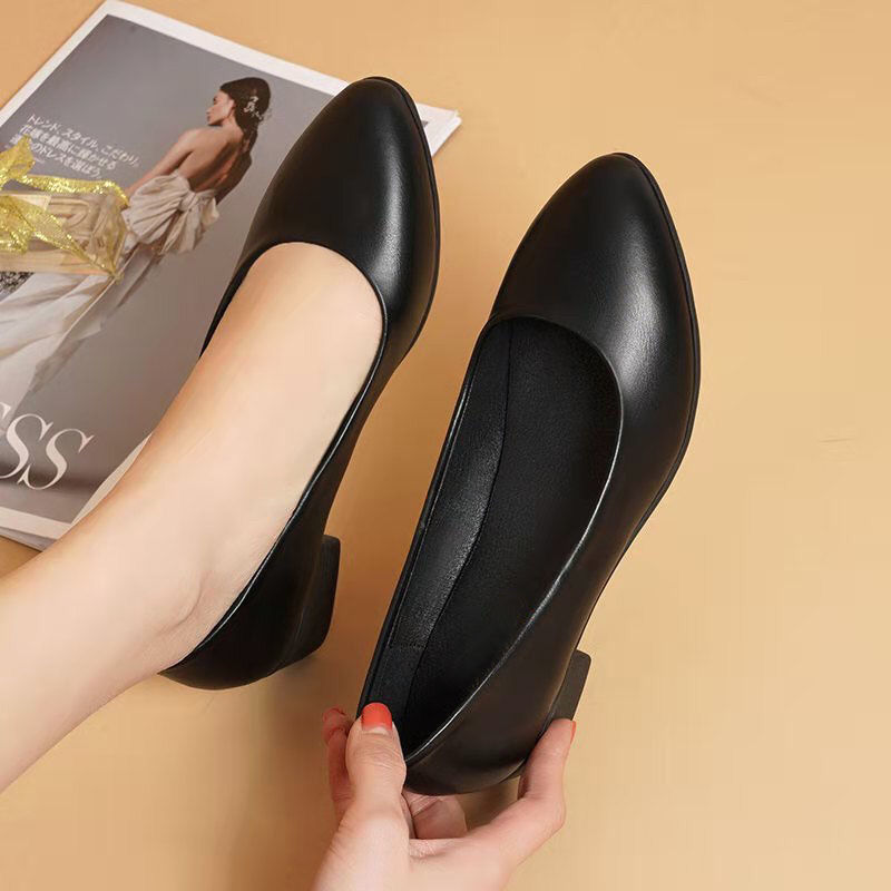 Low Heel Stewardess Work Shoes Women's Black Leather Shoes Thick Heel Work Long Stand Not Tired Feet Soft Sole Comfortable Career Interview Shoes