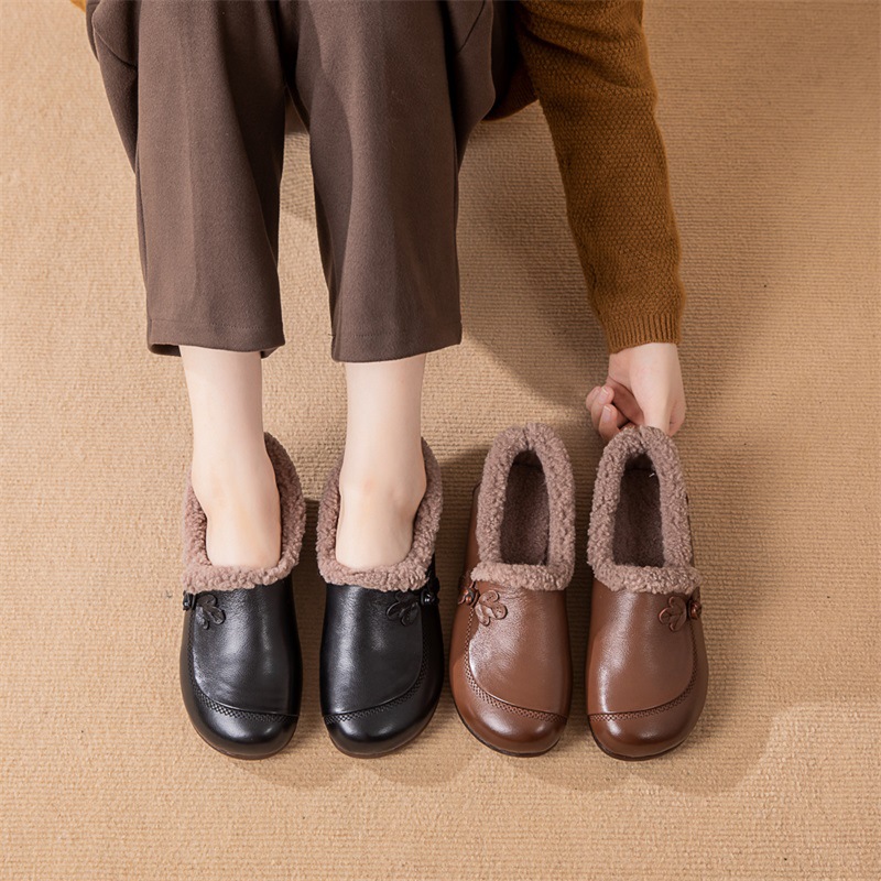 Осенние и зимние туфли для среднего и пожилого возраста с утеплителем из флиса мягкие плоские туфли на низком каблуке для пожилых людей утолщенные теплые туфли из натуральной кожи для мам туфли Мао Мао