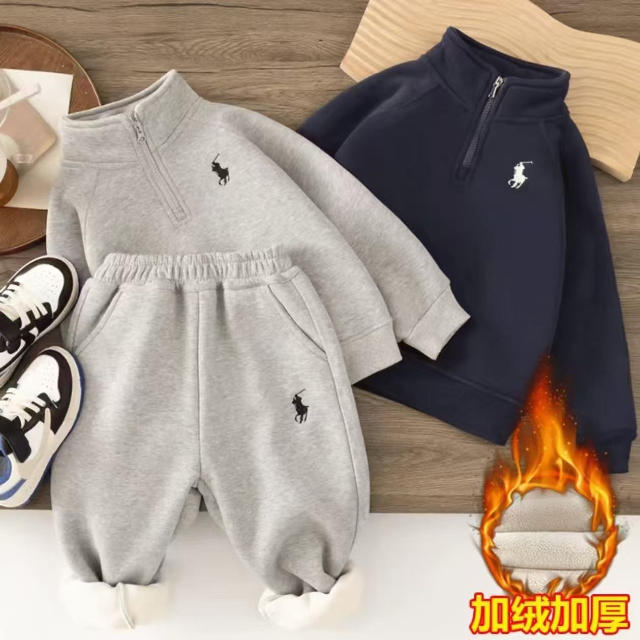 Детский флисовый свитшот, модная одежда для детей, зимний теплый спортивный костюм, корейский комплект из 2 предметов, оптовая продажа