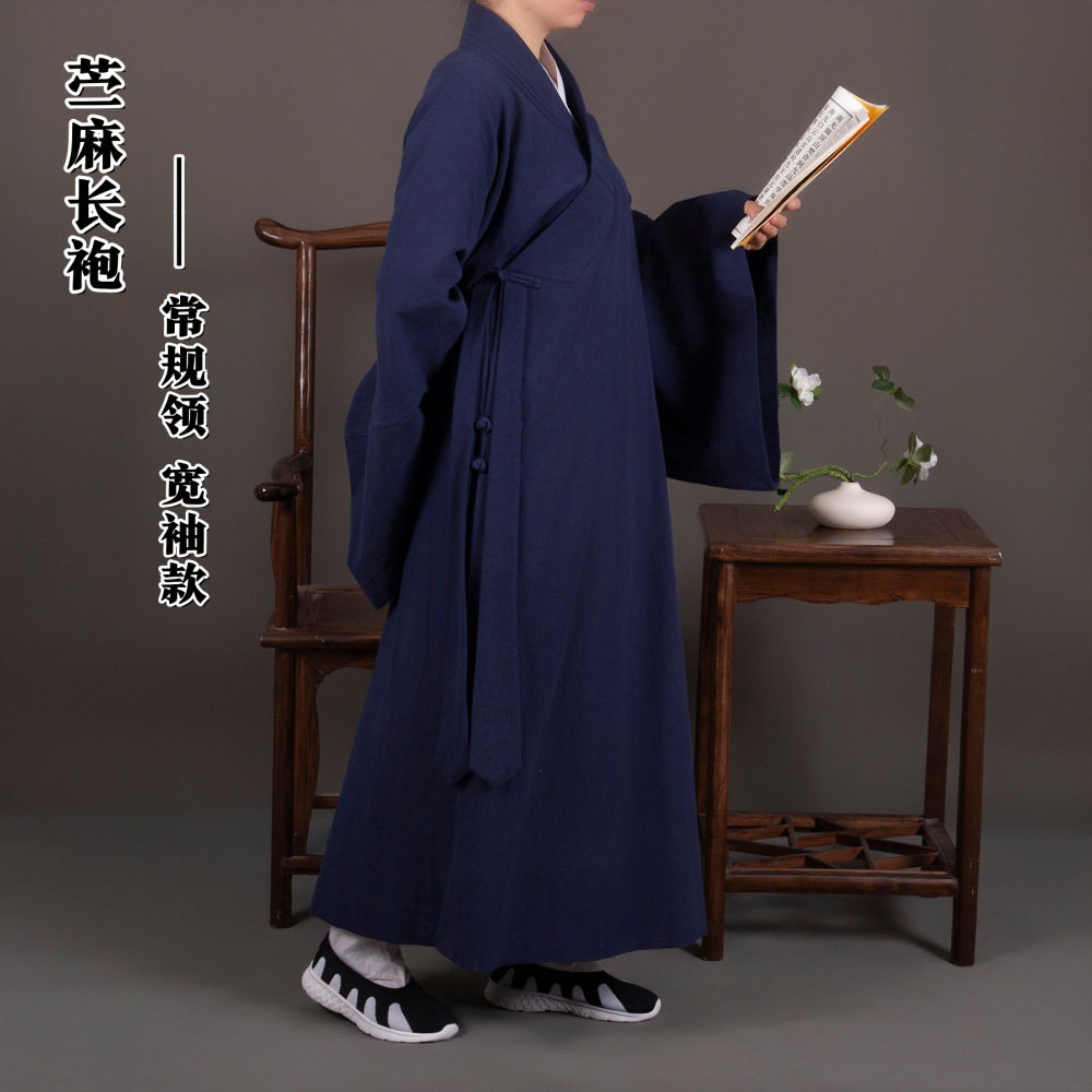 Spring and Autumn Style Ramie Taoist Wide-Sleeved Black-Collar Robe Traditional Three-Clear Collar Bell-Sleeved Robe with Slanted Lapel