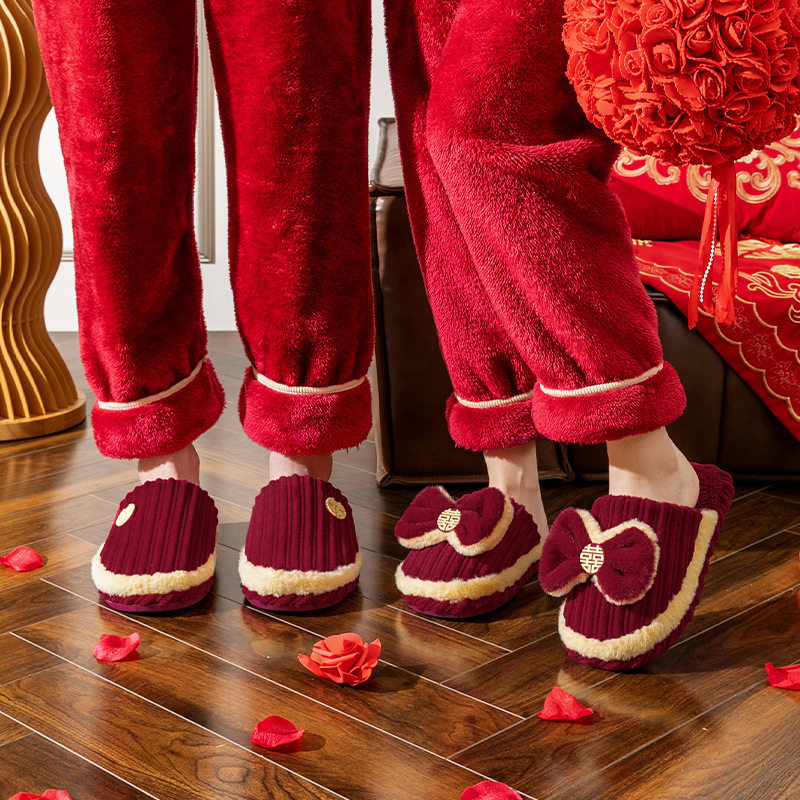 Wedding cotton slippers festive red a pair of wedding dowry men and women couple bridegroom bride wedding warm slippers winter
