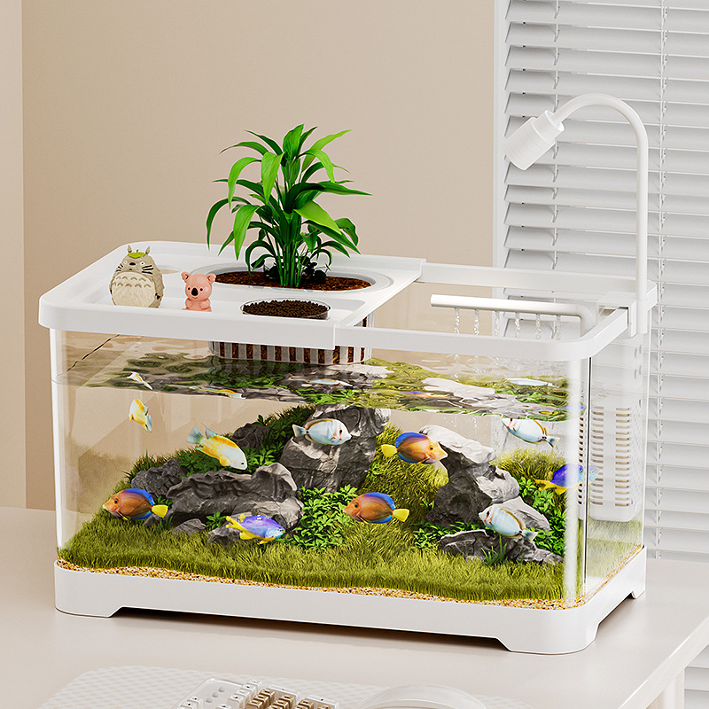 Fish Tank Small Living Room Home Landscaping Complete Set of Ecological Water Tank Vertical Water-Free with Cover Transparent Lazy Person Raising Goldfish