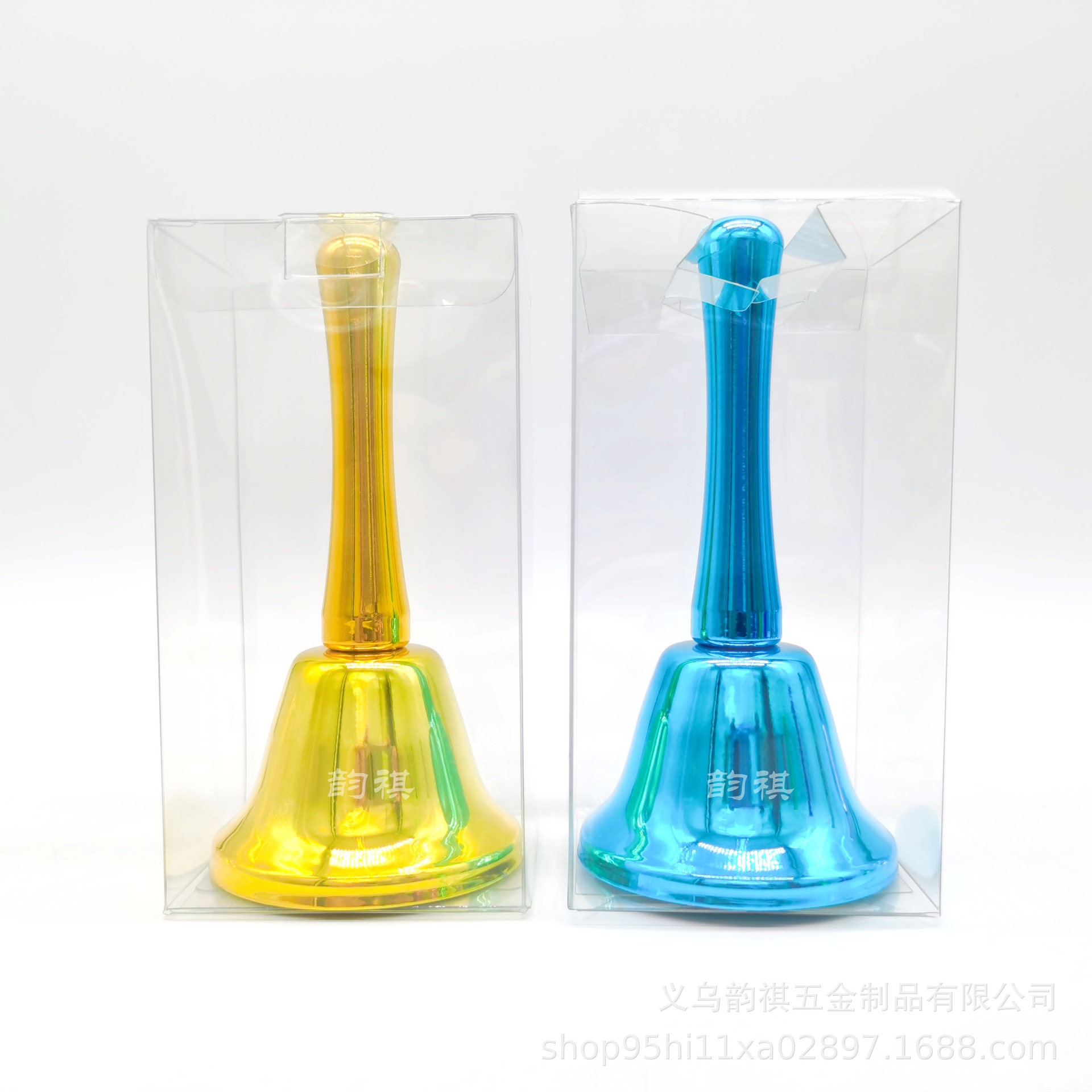 Factory Direct Metal Hand Bell Bright Colorful One-Piece 65mm Bright Christmas Rattle Plastic Handle Clock