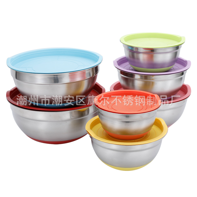 Wholesale stainless steel egg basin with colored silicone bottom non-slip thickened salad basin with lid baking set with box