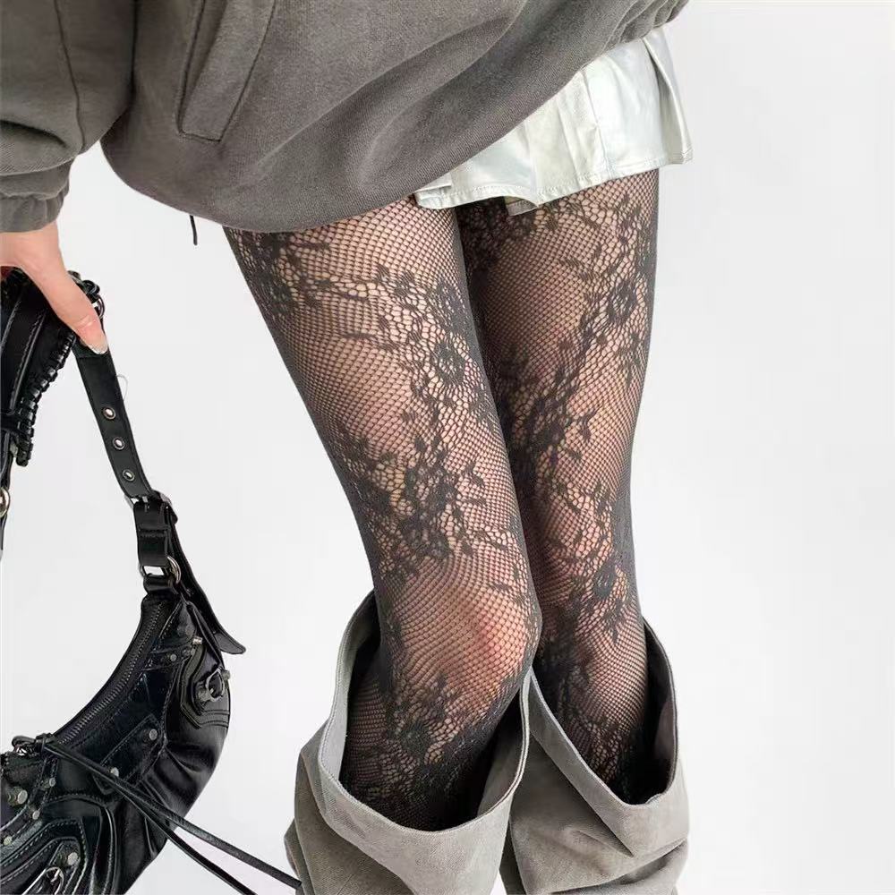 French Retro Hollow Floral Stockings Sexy Jacquard Fishnet Stockings White Pure Lust Lace Bottoming Stockings