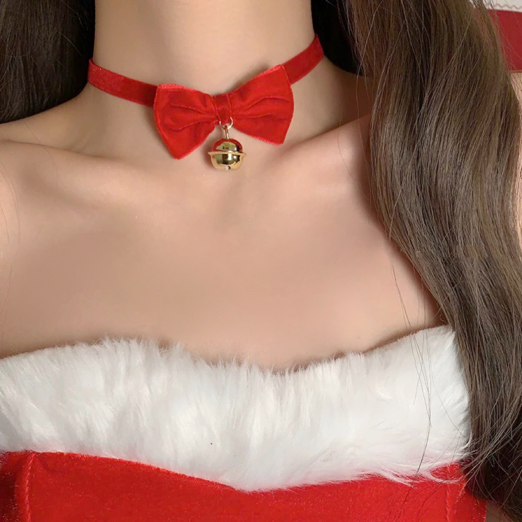 New Year Cute Girl Christmas Plush Necklace Sweet Red Bow Bell Choker Collar Chain