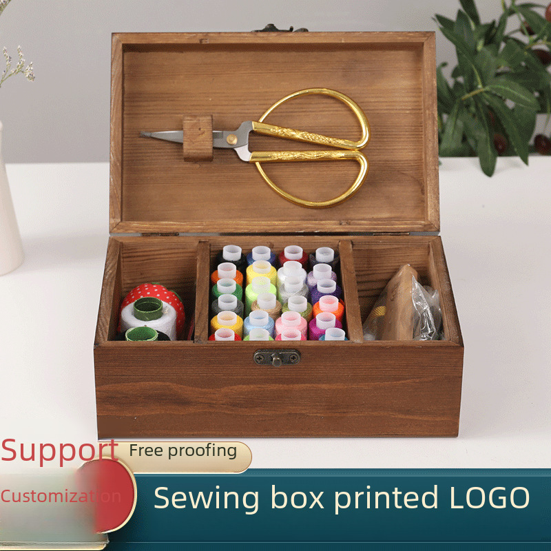 Household Solid Wood Sewing Box Wholesale Wooden Sewing Tools Storage Box Retro Storage Portable Set Box