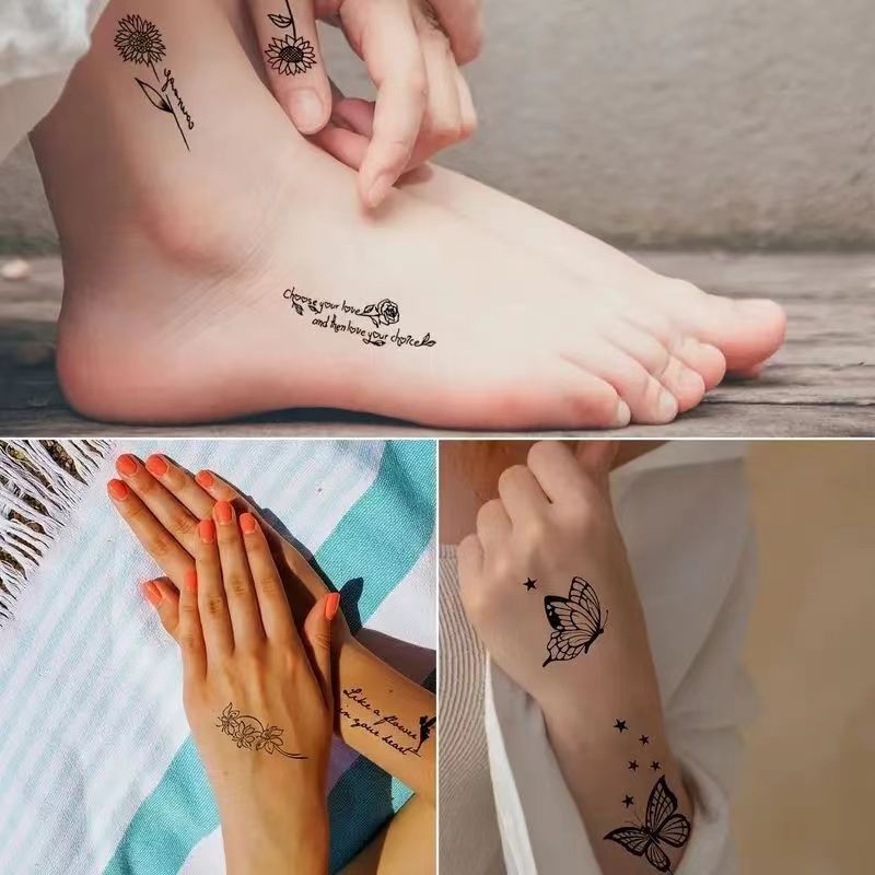 Cross-border New Style Small Fresh Tattoo Sticker Advanced Sense Plain Flower Letter English Rose Flower Tattoo Tattoo Sticker