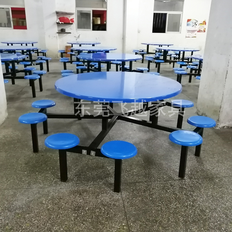 Fiberglass Round Table Staff Canteen Dining Table Unit Factory School Cafeteria Dining Table with Integrated Round Curved Stools for 8 People