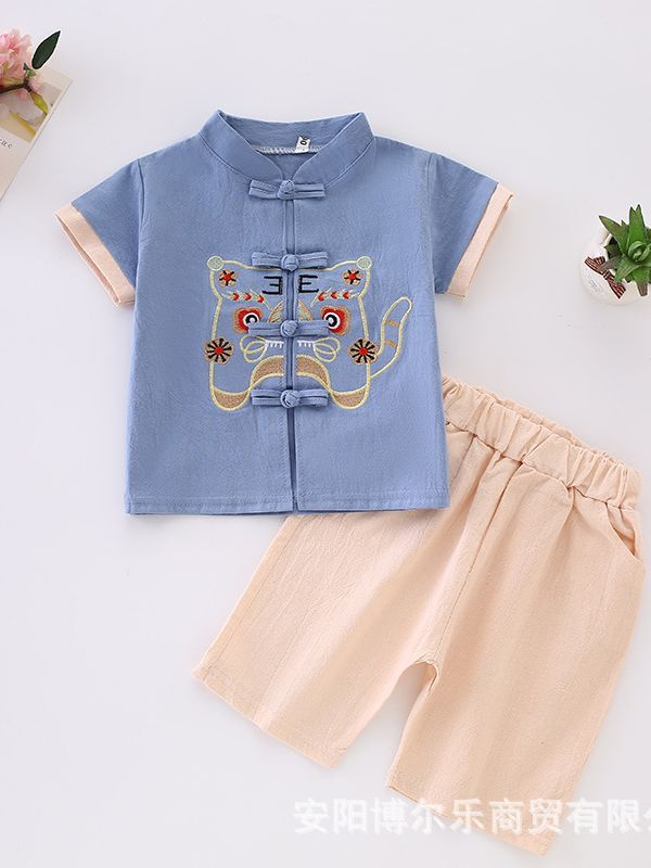 Hanfu Ethnic Style Boys' Cotton and Linen Short-Sleeve Outfit Baby Traditional Chinese Children's Tang Suit Ancient Style Performance Costume