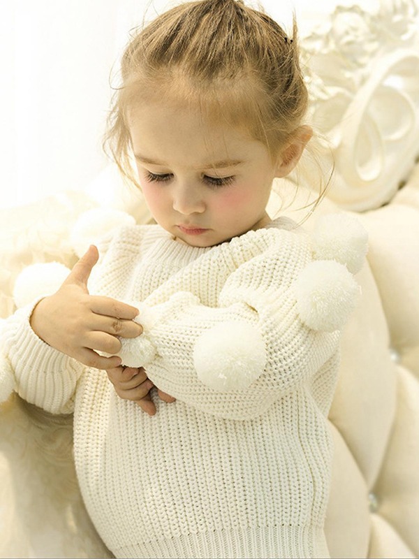 Girls' Clothing Autumn and Winter Baby Girl Round Neck Knitwear Kidsren's Versatile Long-Sleeved Fur Ball Sweater Top Princess Style