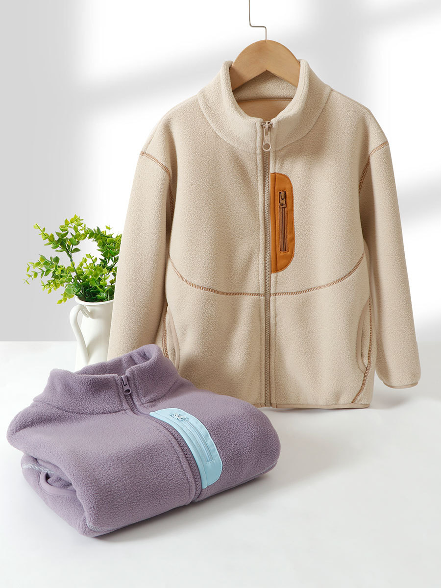 Children's Autumn and Winter Jackets, Inner Lining, Medium and Large Kidsren's Polar Fleece Warm and Windproof Stand-Up Collar Comfortable Velvet Family Jacket