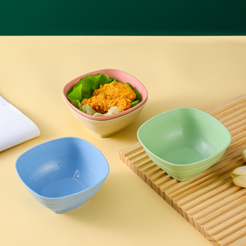 Square Bowl Wheat Straw Round Bowl Anti-Fall Plastic Bowl Rice Bowl Large Soup Bowl Salad Noodle Bowl Square Rice Bowl