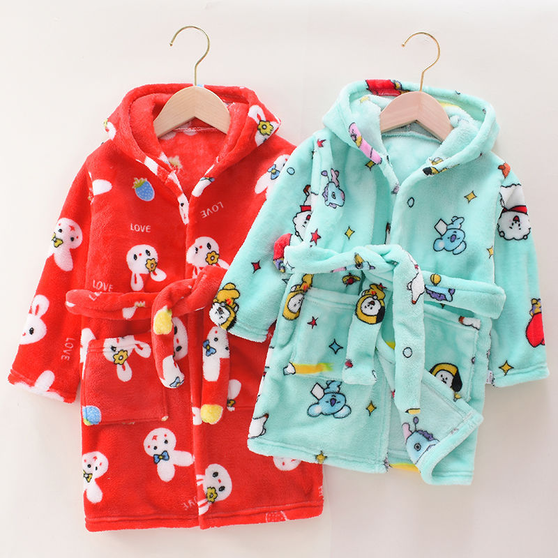 Children's Bathrobe Pajamas, Winter Flannel Thickened and Lengthened Sleepwear, Home Wear for Young and Middle-Aged Children, Hooded Coral Fleece Loungewear