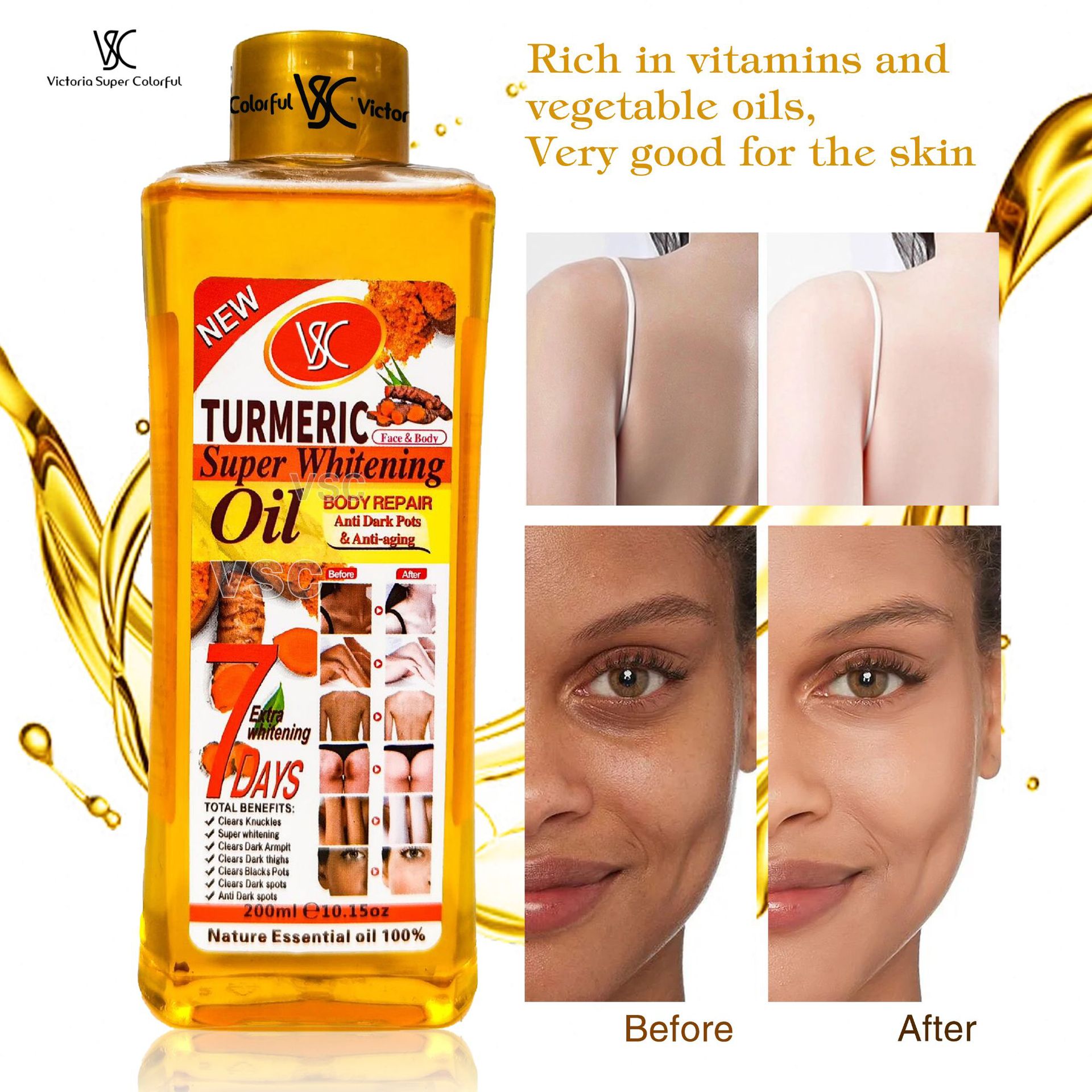 Foreign Trade 7-Day Repair and Brightening Vc Essential Oil Moisturizing Turmeric Essential Oil Whole Body Massage Almond Massage Oil 200ml