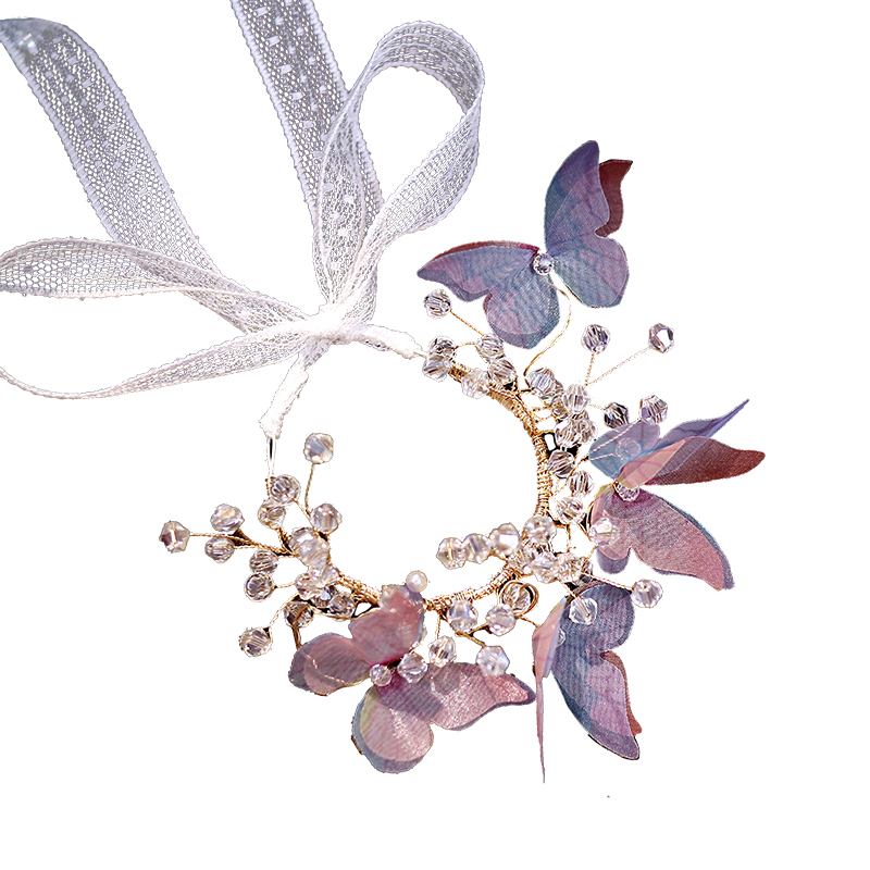 Beautiful and Fresh Forest-Style Wedding Bride's Wrist Flower Bridesmaid Group Bracelet Flower Blue Pink Butterfly Crystal Hand-Tied Flower