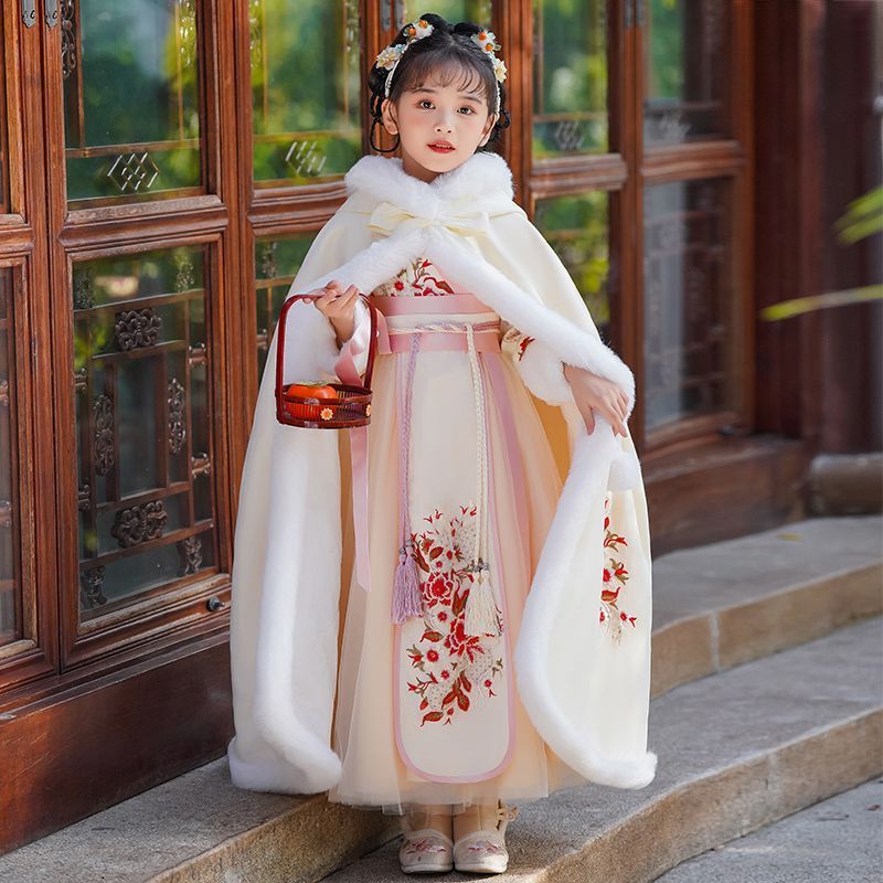 Winter Chinese Style Outwear Girls Han Dynasty Suit Hooded Cloak Thickeneded Outdoor Windproof Cloak Little Girl Costume