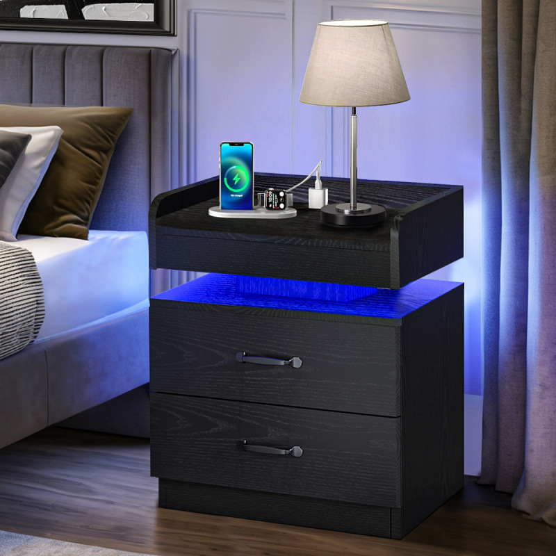 2026 New Cross-Border Dropshipping Modern Black Wooden Nightstand with Charging Stand