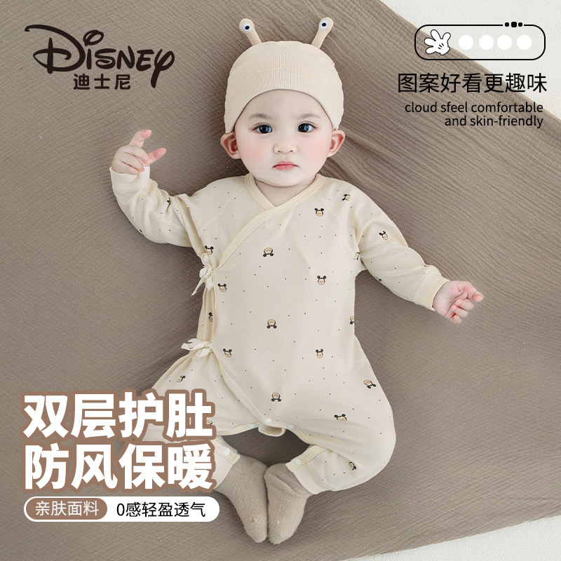New Baby Romper Newborn Belly Protection Diagonal Placket Lace-Up Romper Infant Pure Cotton Long-Sleeve Butterfly Romper