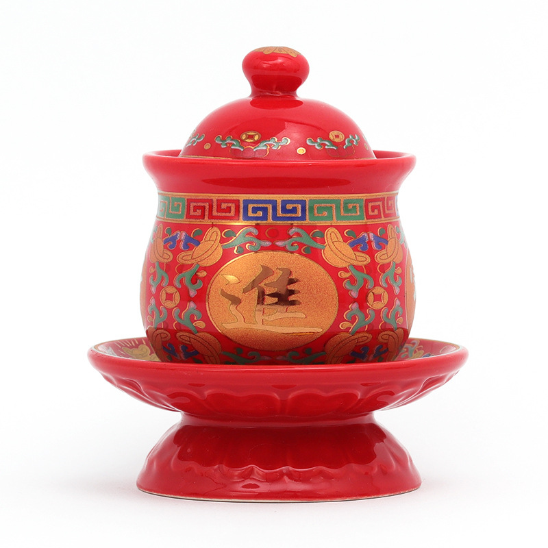 Ceramic Tang Color Holy Water Cup Household Buddha Sacred Cup Xianjia Guanyin Water Purification Cup Buddha Front Sacred Cover Bowl Ornaments