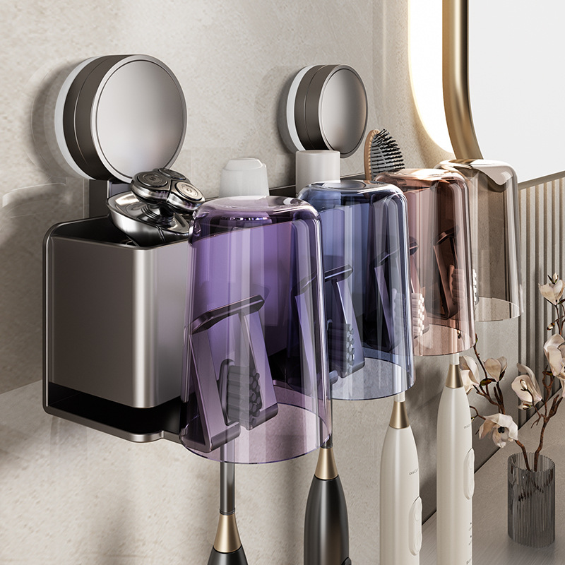 Держатель для зубных щеток на присоске без сверления с чашкой для полоскания рта настенный для туалета