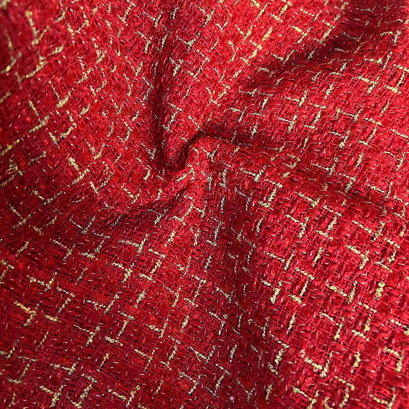 Chinese red Chanel style fabric wholesale gold silk plaid tweed fabric Christmas red Chanel coat fabric in stock