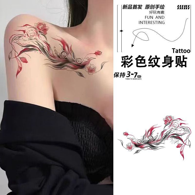 Gorgeous Rose Collarbone Colorful Tattoo Stickers Pure Lust Style Ins Sexy High-Looking Scar-Covering Large Picture Stickers Realistic