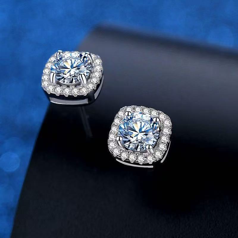 Pt950 Platinum Cultured Diamond Princess Bag Earrings for Women Simple Pierced Earrings Ear Jewelry Cross-Border Live Supply