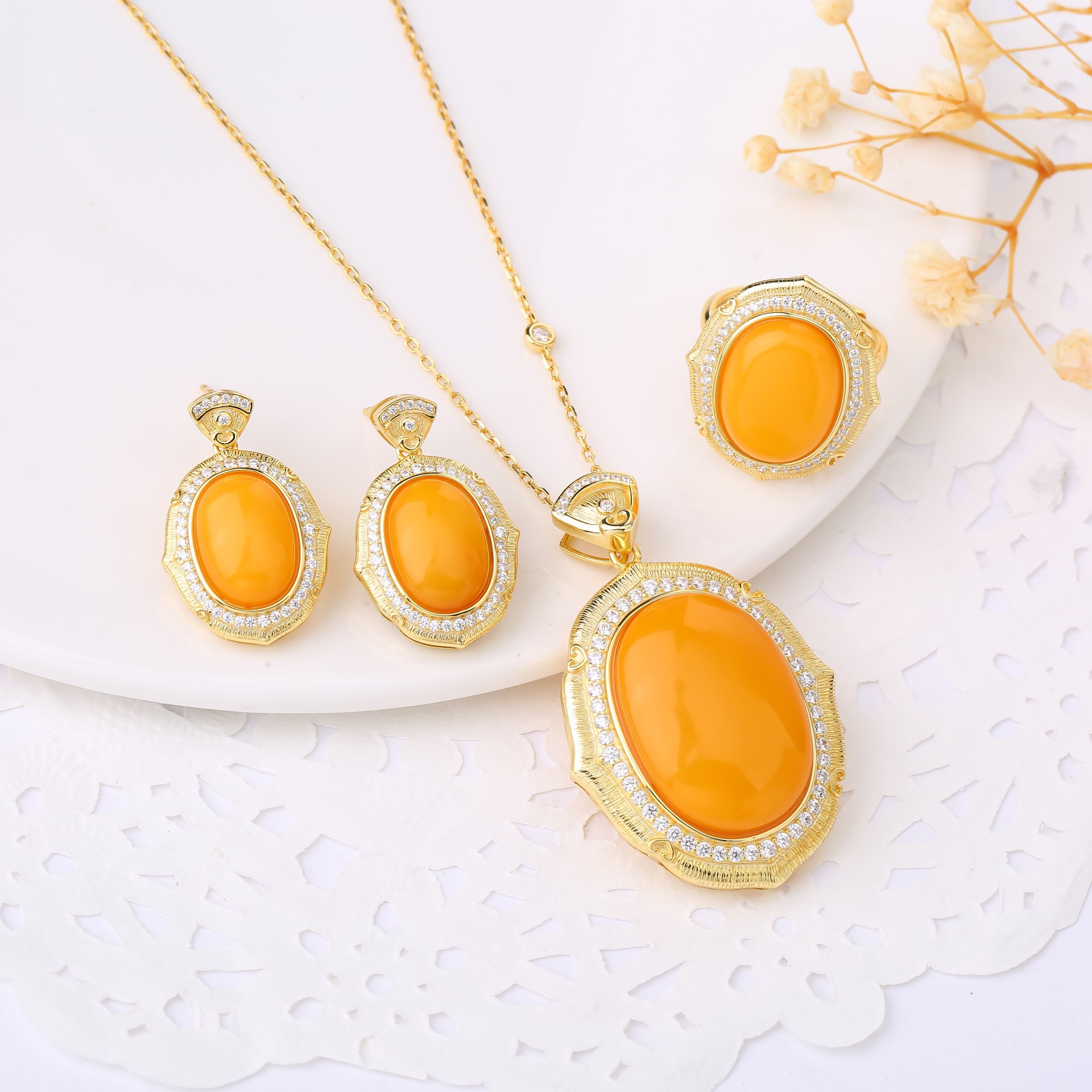 S925 серебро натуральный русский янтарь простой и элегантный матовый комплект с подвеской серьгами кольцом